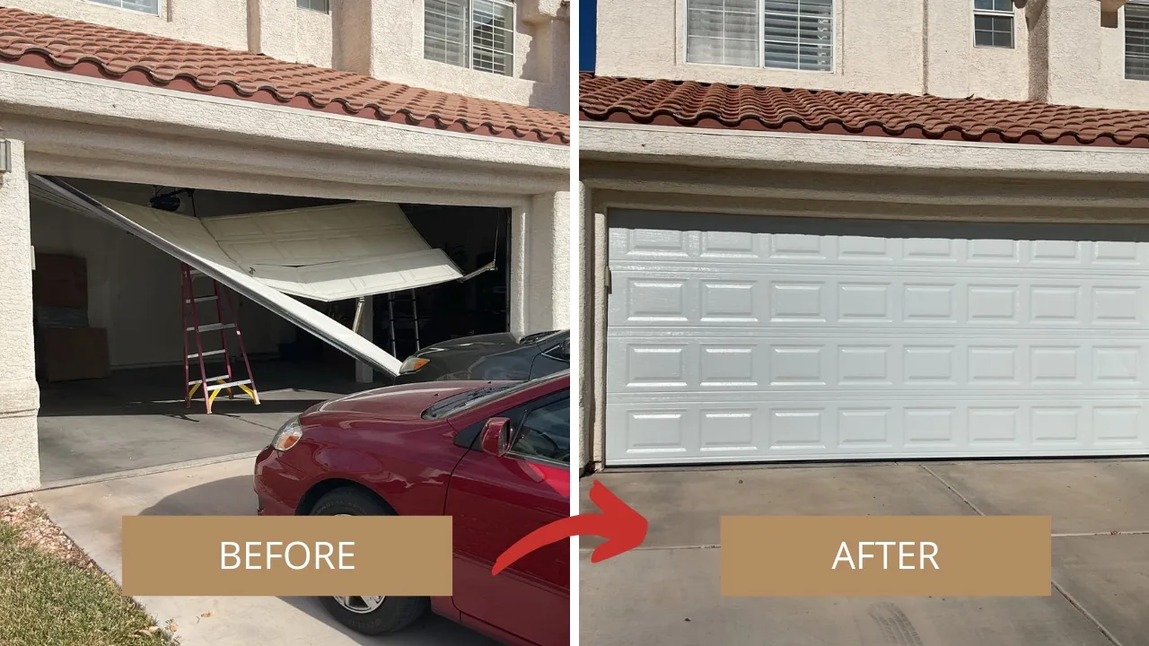 Las Vegas residential garage door shown before and after a damaged door replacement
