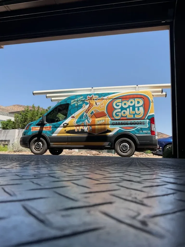 Las Vegas residential garage door service van viewed from inside a garage