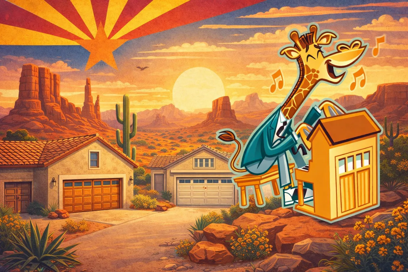 The Good Golly giraffe in a teal suit playing a garage-door-shaped piano in the Arizona desert at sunset, with two Phoenix-style homes and their garage doors behind