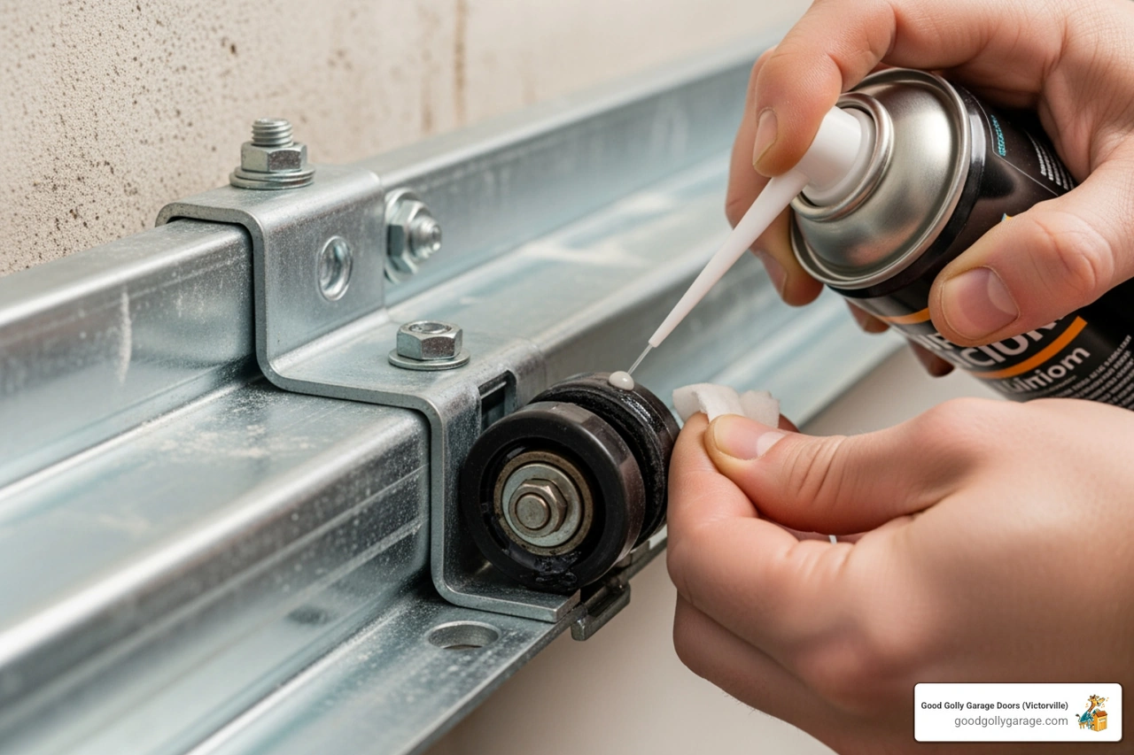 homeowner lubricating garage door rollers - Garage Door Installation in Victorville CA