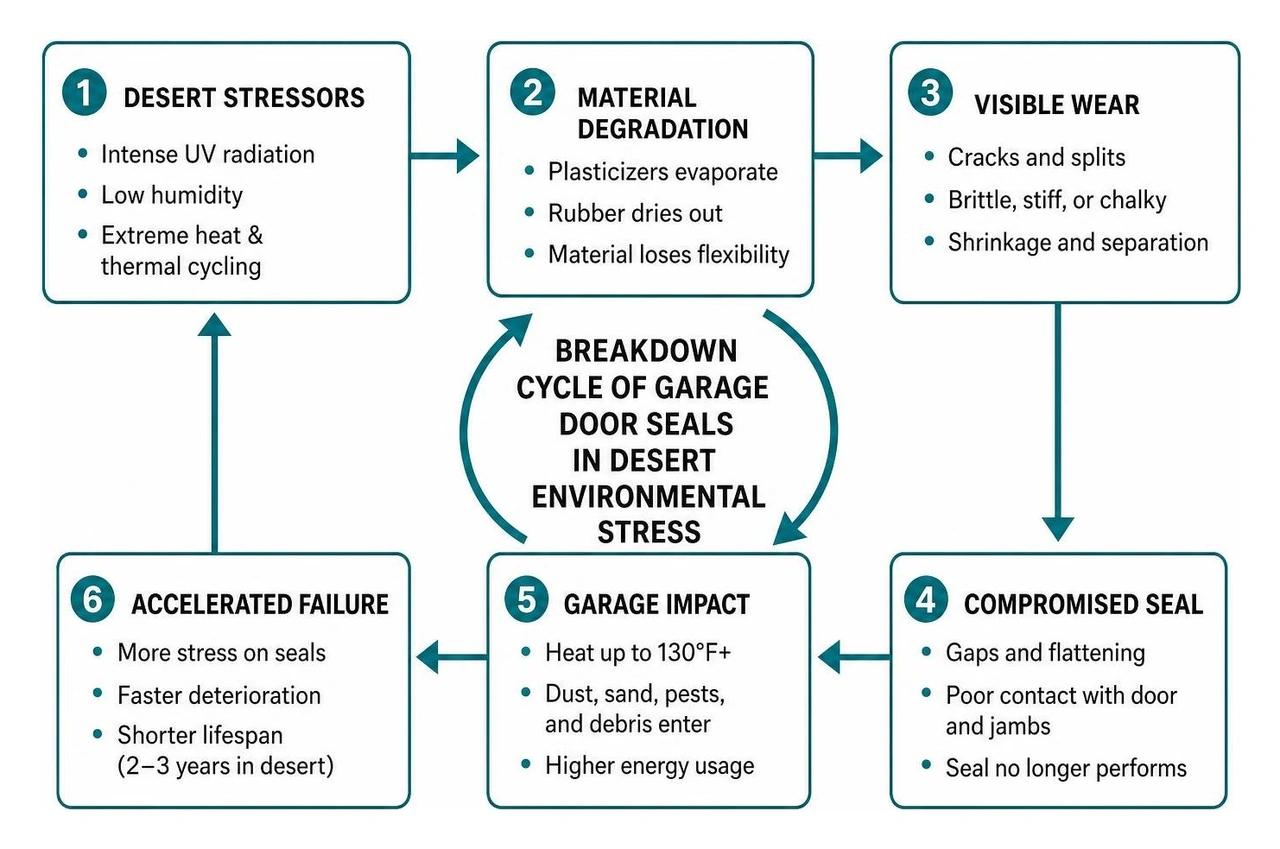 Breakdown cycle of garage door seals under desert environmental stress