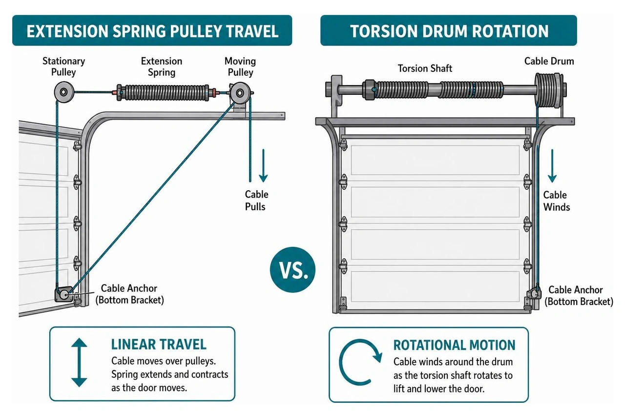 Diagram comparing extension spring pulley travel with torsion drum rotation
