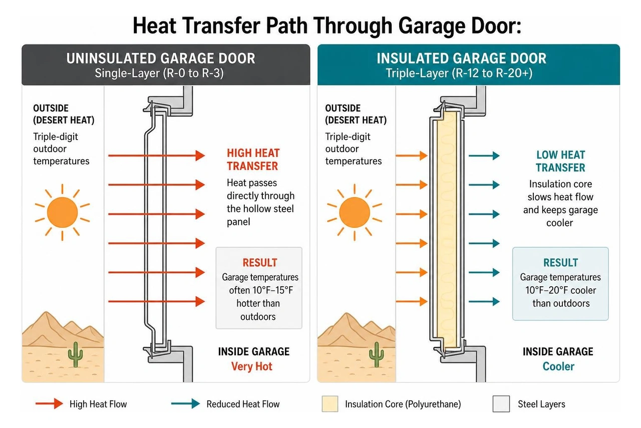 Heat transfer path through uninsulated vs insulated garage door