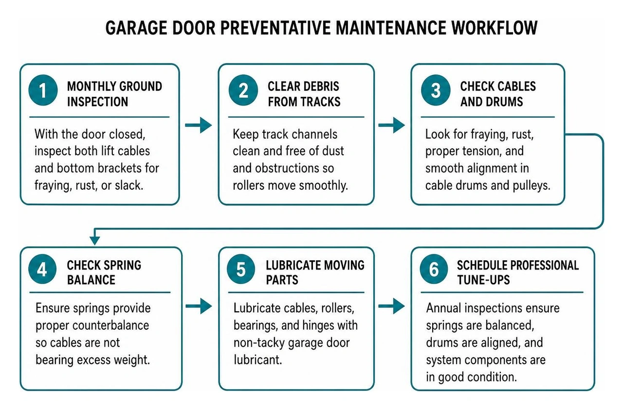 Diagram showing garage door preventative maintenance workflow