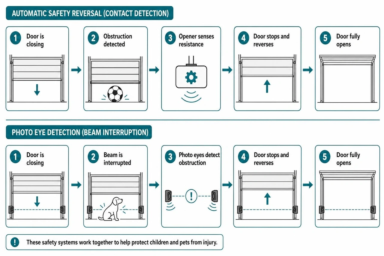 flowchart diagram showing automatic safety reversal and photo eye detection process