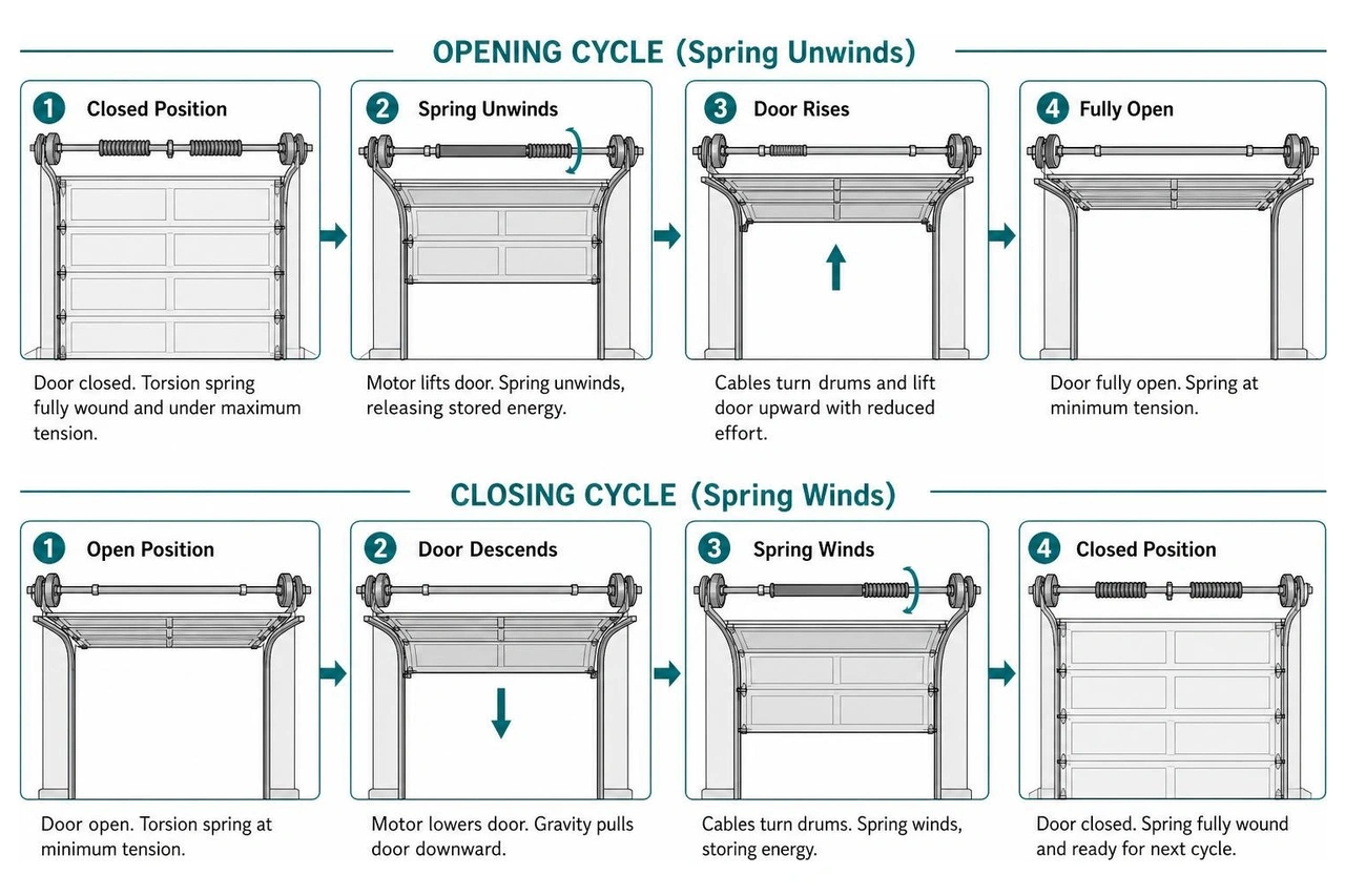 diagram illustrating garage door opening and closing mechanical sequence