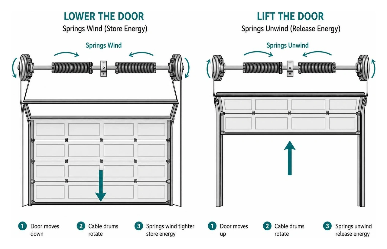 Infographic showing torsion springs winding to lower and unwinding to lift a garage door