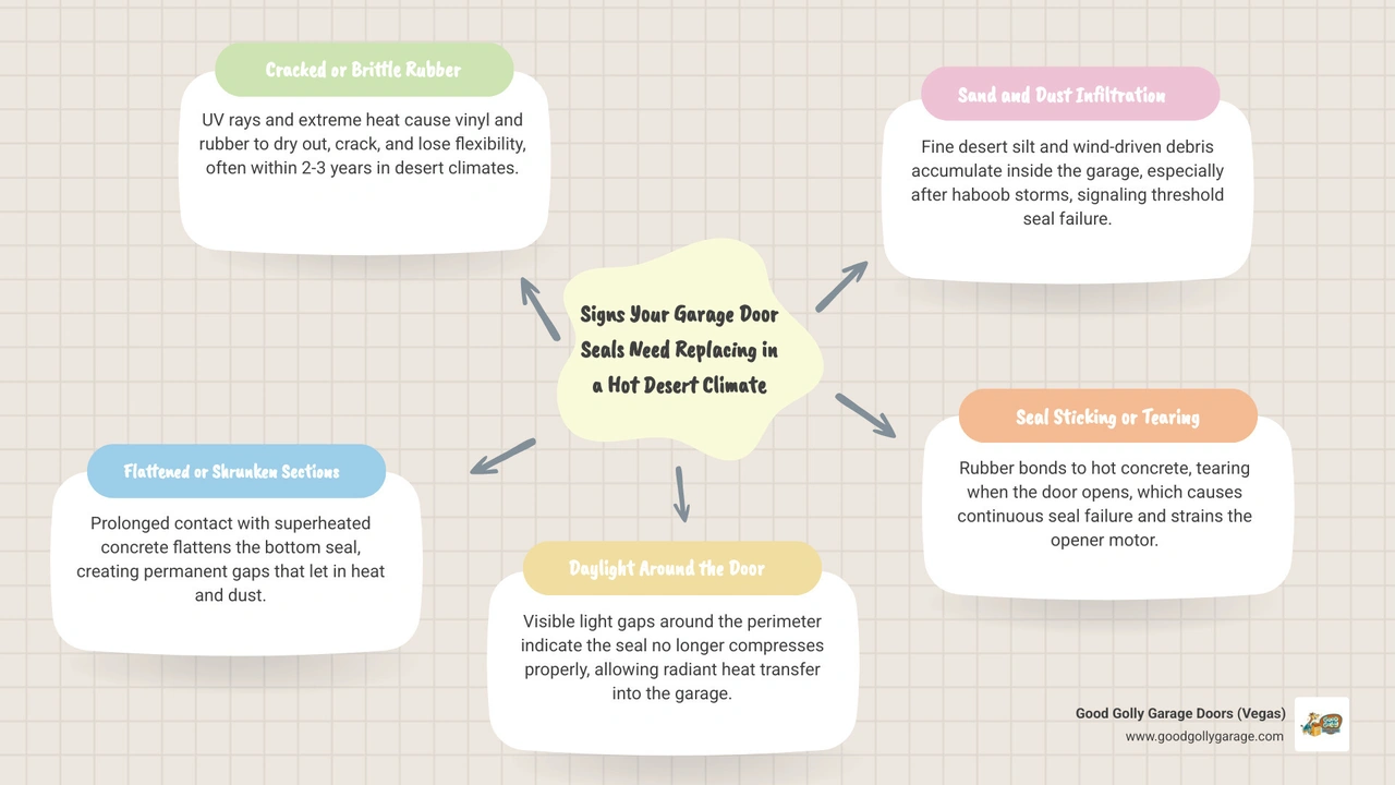Five warning signs of failing garage door seals in desert heat infographic