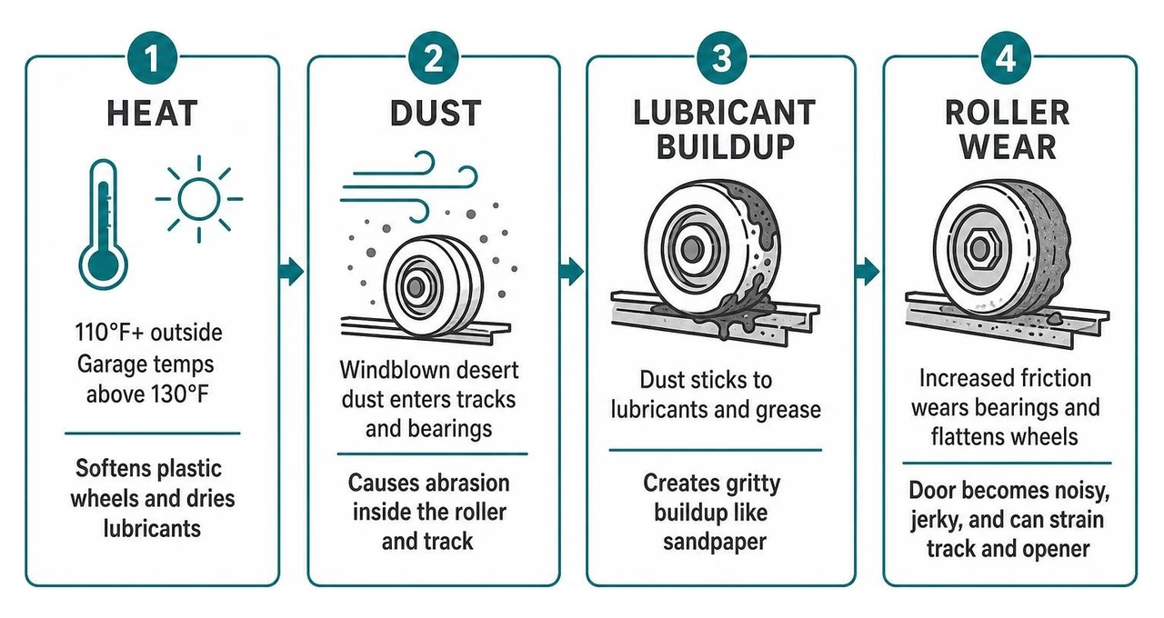 Infographic showing heat, dust, lubricant buildup, and roller wear Infographic showing heat, dust, lubricant buildup, and roller wear