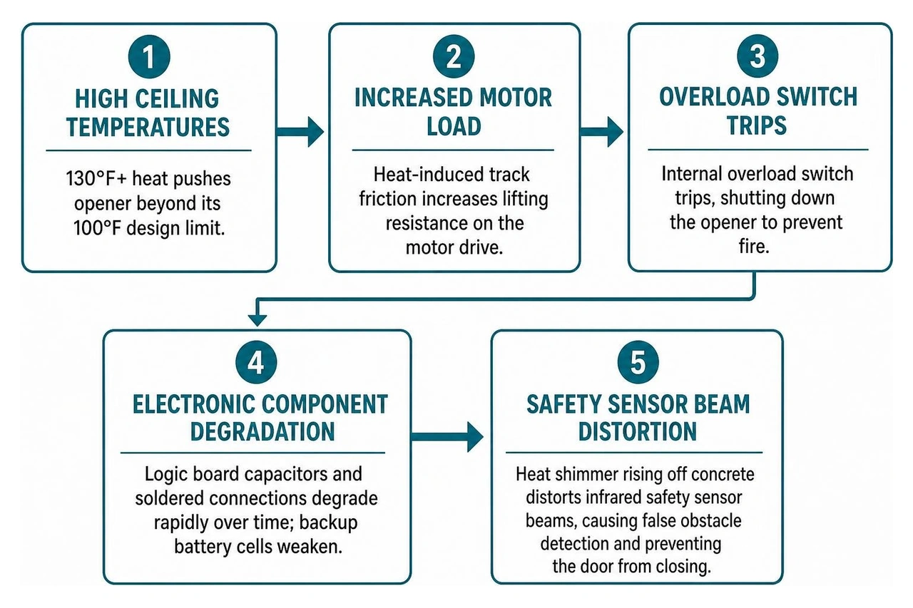 Progression of heat-related garage door opener electronic failures