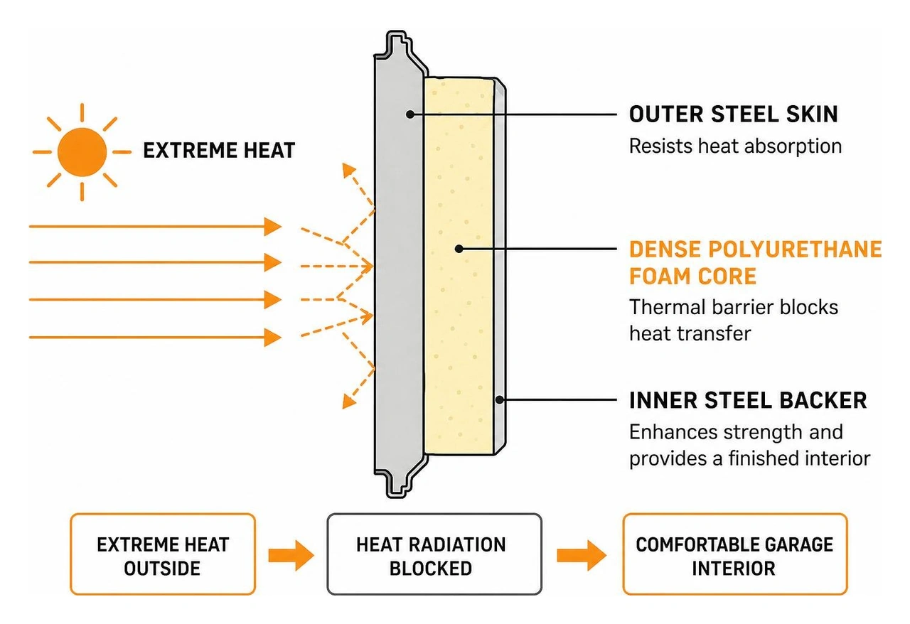 Diagram showing thermal barrier layer construction blocking heat radiation in a garage door panel