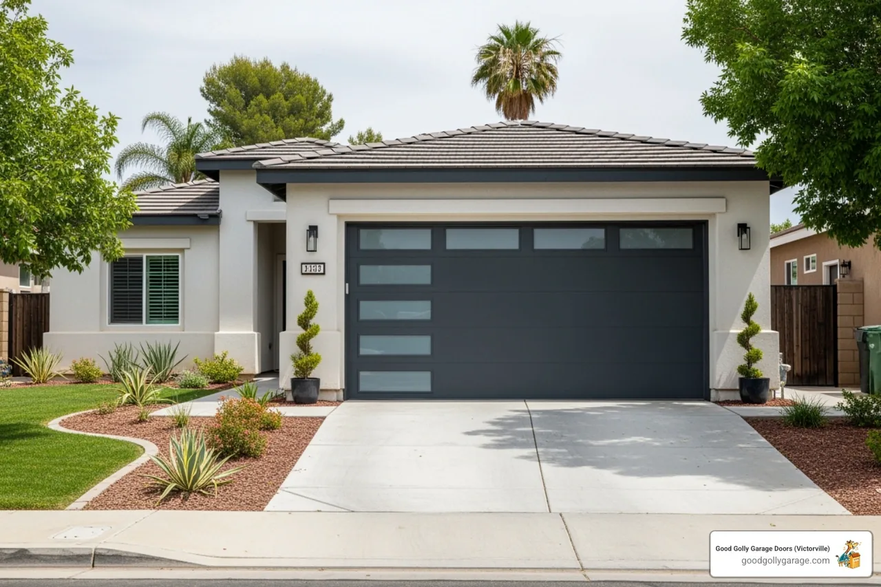 Infographic showing three main benefits of professional garage door installation: a shield icon representing improved home security and safety features, a house with insulation waves representing enhanced energy efficiency and lower utility bills, and an upward trending arrow with a house icon representing increased property value and curb appeal - Garage Door Installation in Victorville CA