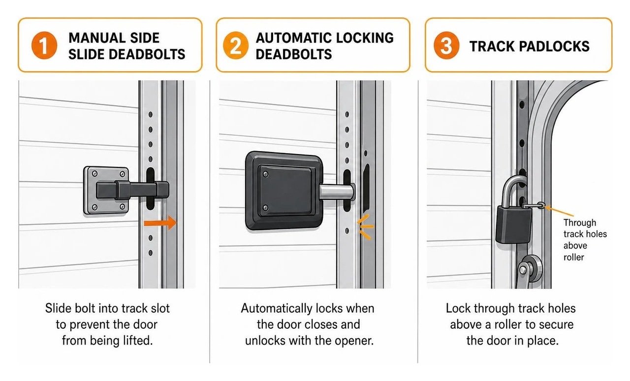Overview of manual slide deadbolts, track padlocks, and automatic locking deadbolts