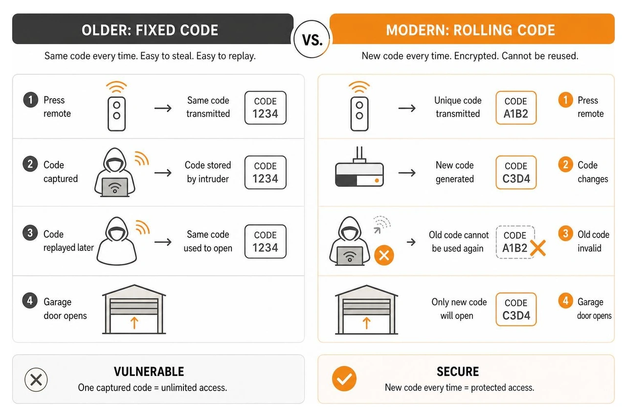 Comparison between older fixed code vulnerability and modern rolling code encryption