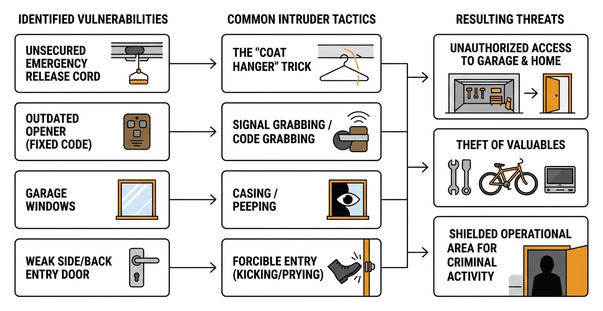 diagram illustrating primary garage entry vulnerabilities and intruder tactics