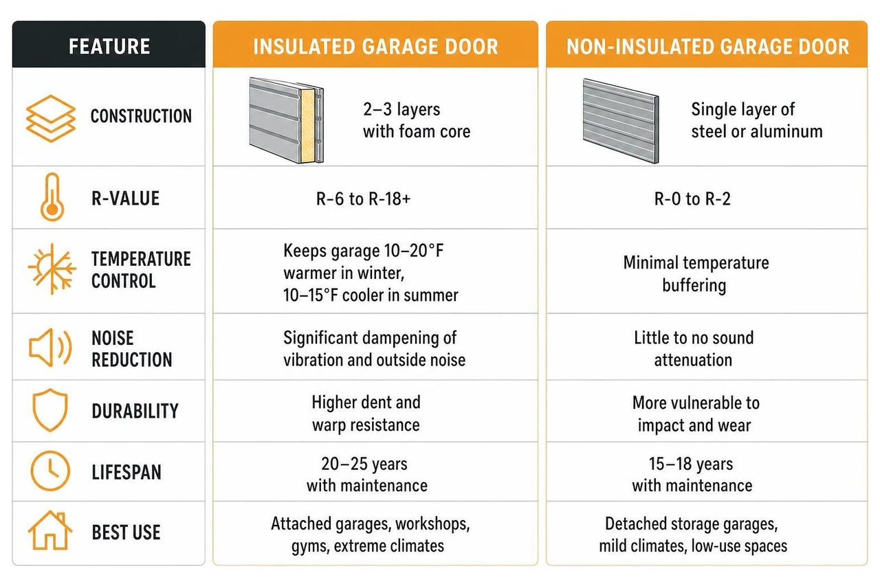 Infographic comparing insulated vs non-insulated garage door construction, R-values, temperature control, noise, and