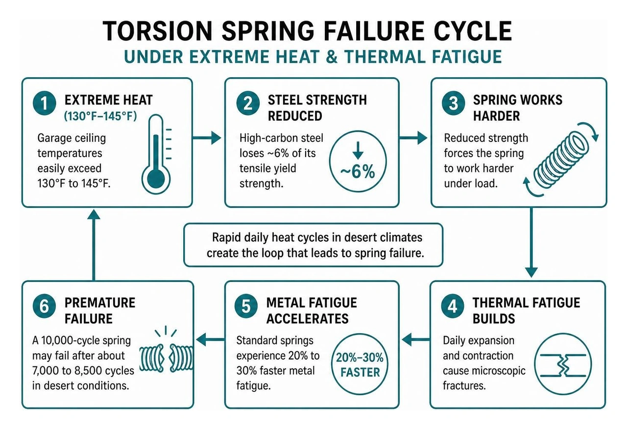 Torsion spring failure cycle under extreme heat and thermal fatigue