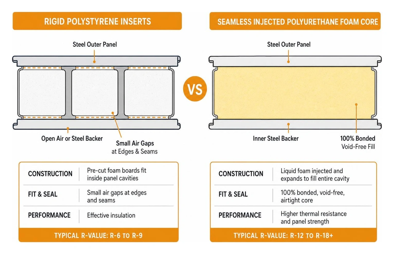 Comparison diagram showing rigid polystyrene inserts versus seamless expanding injected polyurethane foam core