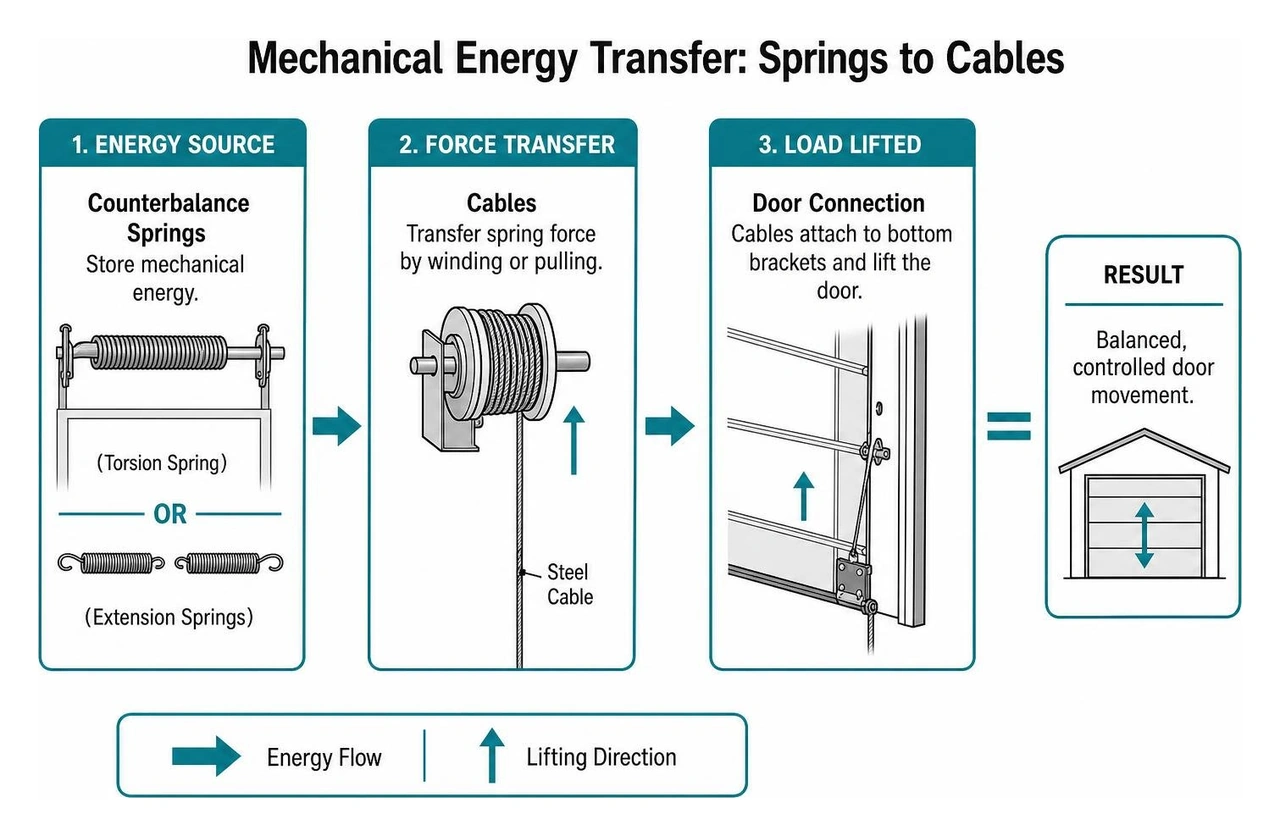 Diagram showing mechanical energy transfer from springs to cables