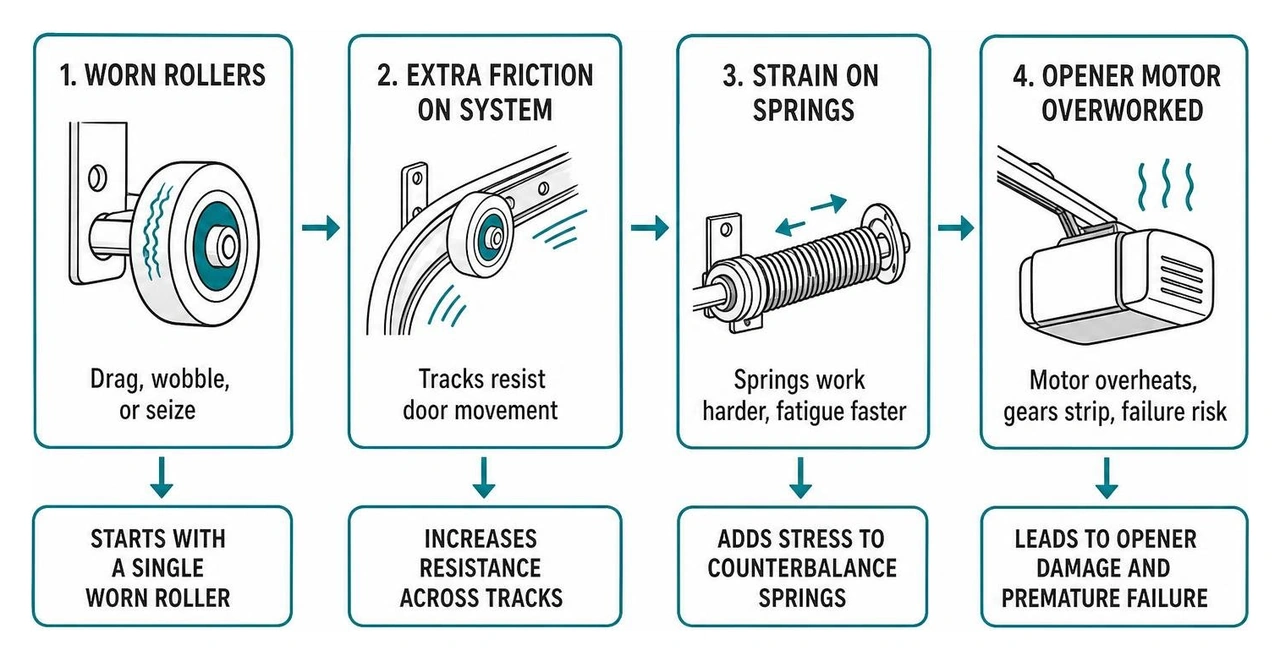 Strain cascade from worn rollers to springs and opener motor Strain cascade from worn rollers to springs and opener motor