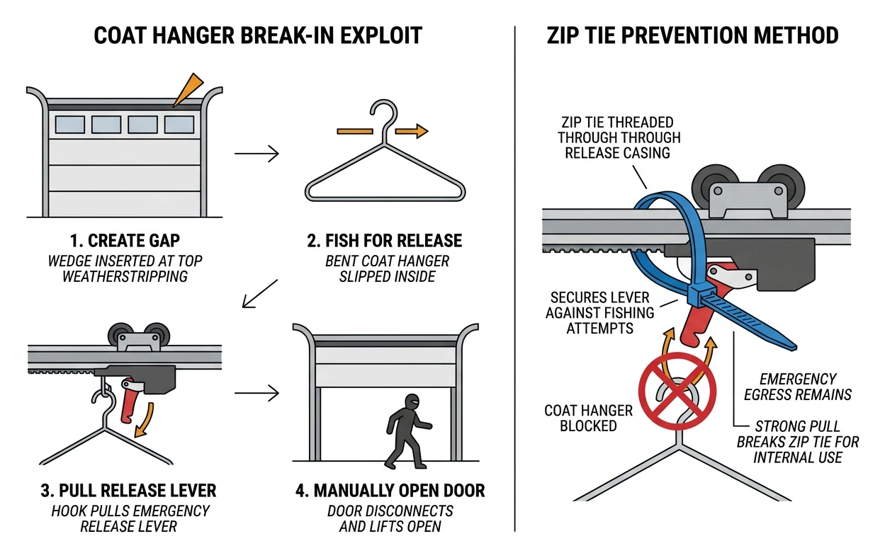 Step-by-step process of the coat hanger break-in exploit and how a zip tie blocks it