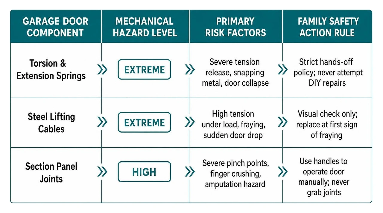 comparison table showing hazard levels, risk factors, and recommended safety rules for garage door parts