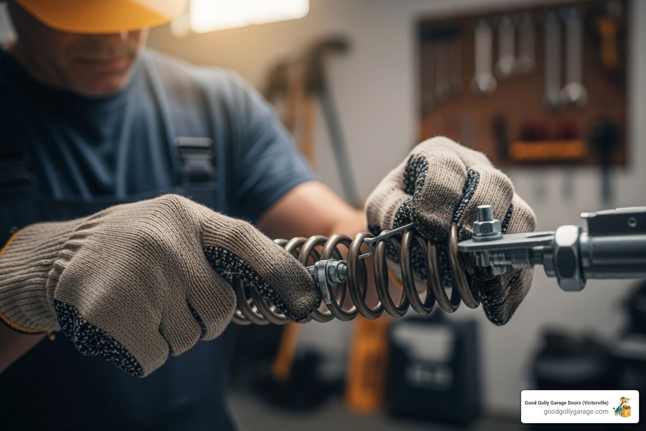 technician safely working on garage door springs - Garage Door Installation in Victorville CA