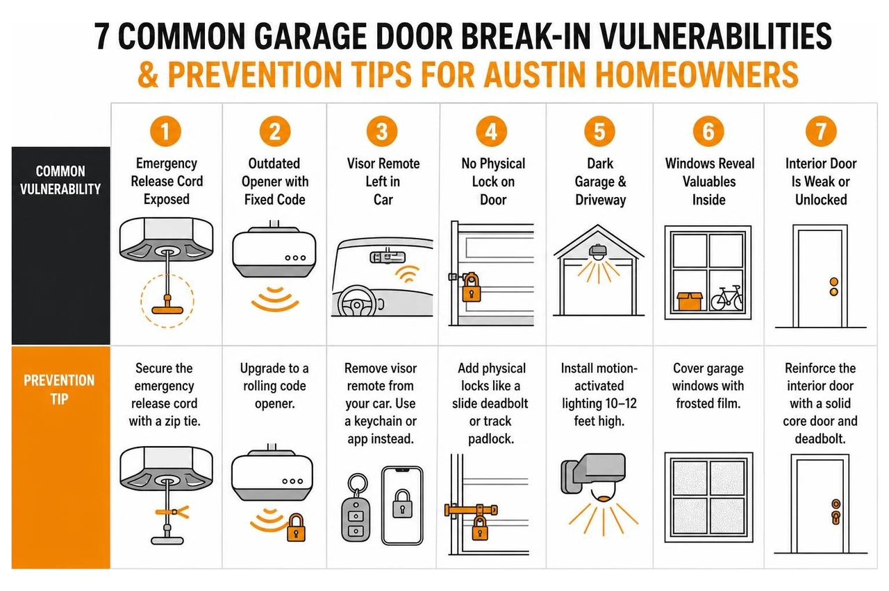Infographic showing 7 common garage door break-in vulnerabilities and prevention tips for Austin homeowners