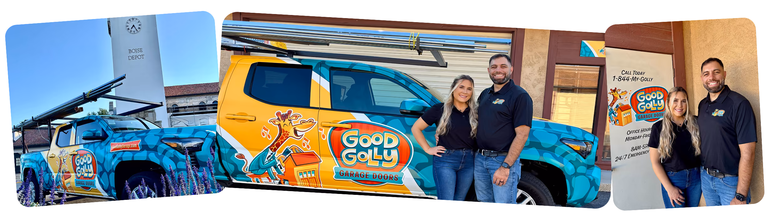 The Good Golly Garage Doors Boise owners beside their wrapped service truck