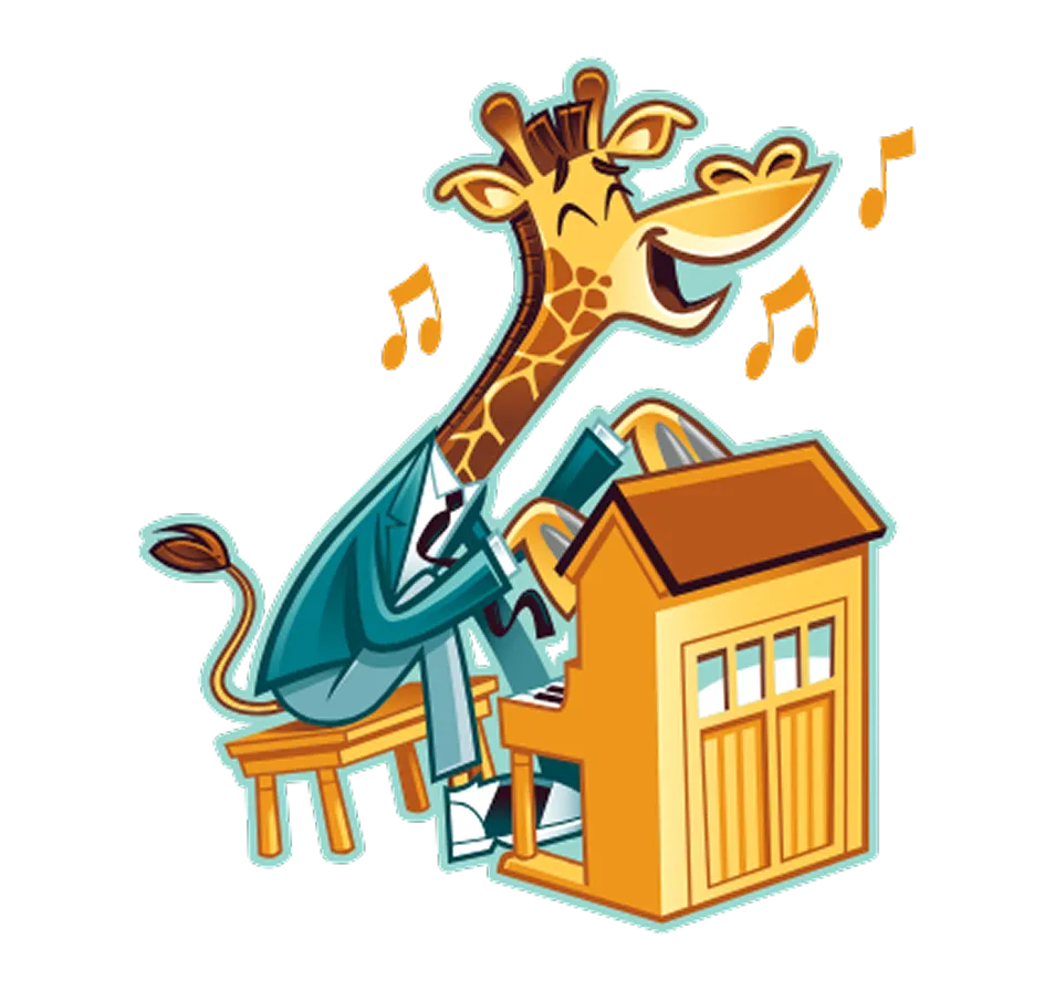 Good Golly giraffe mascot in a suit playing a garage door shaped like a piano and singing, with musical notes around him.