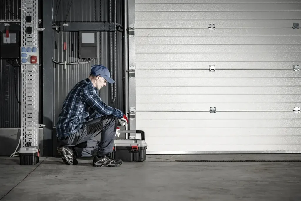 A technician in a plaid shirt kneels by his toolbox next to a closed sectional door
