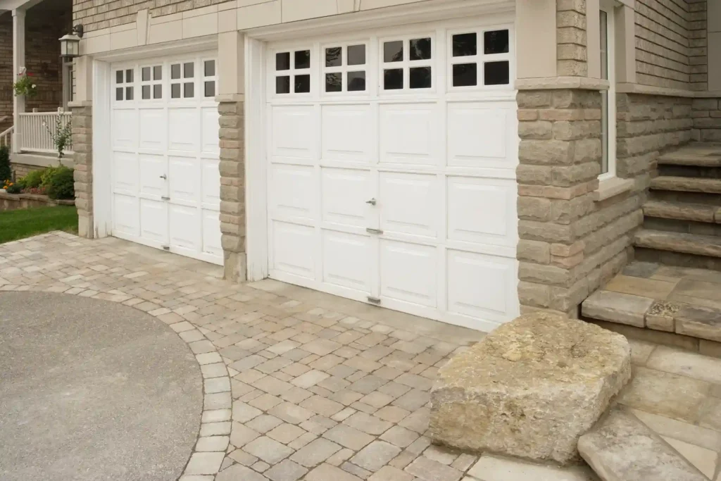 A two-car garage with white paneled doors and decorative windows on top, framed by stone columns and a beige brick wall.