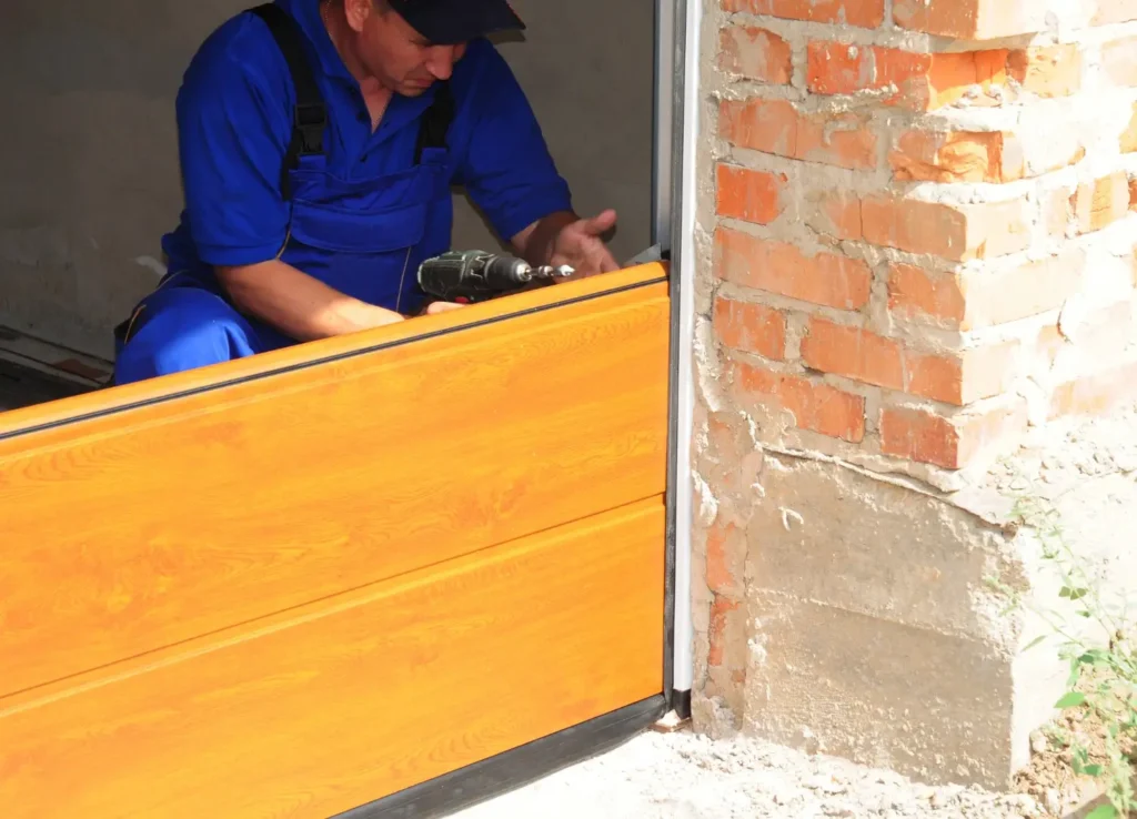 A technician in blue overalls uses a power drill to install or replace a wood-finish garage door panel.