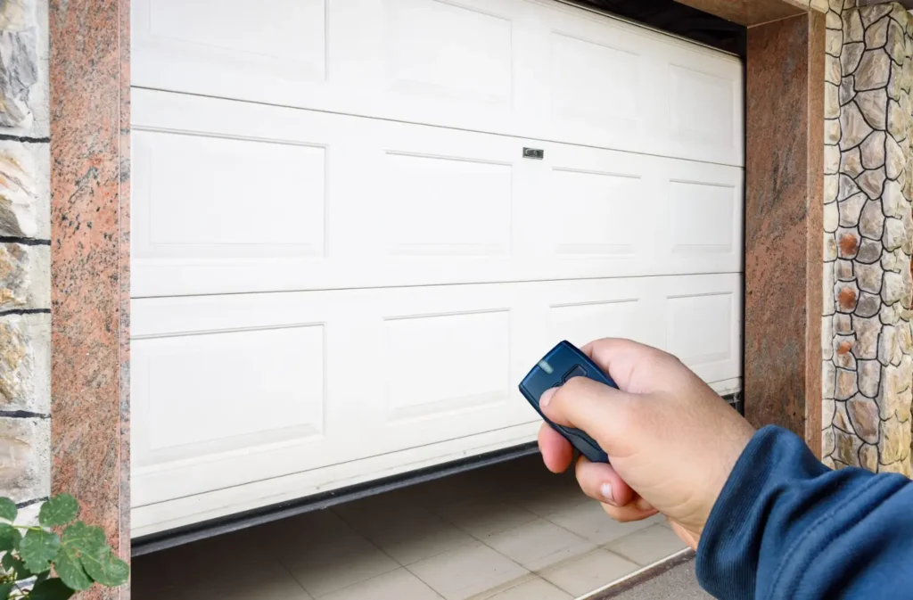 A person holds a remote control in their hand to program or operate a white sectional garage door.