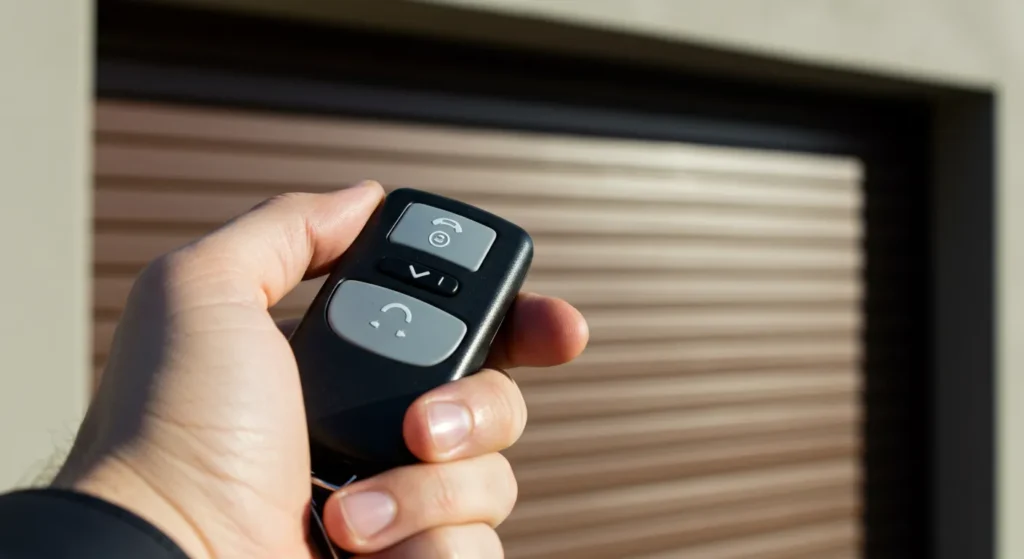 A close-up of a hand holding a modern black and grey garage door remote, with a brown sectional garage door blurred in the background.