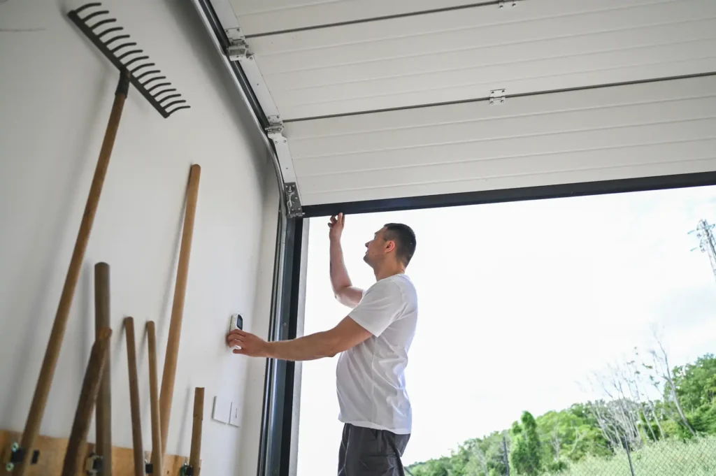A man in a white t-shirt reaching up to the garage door mechanism from inside an open garage, with rakes hanging on the wall.