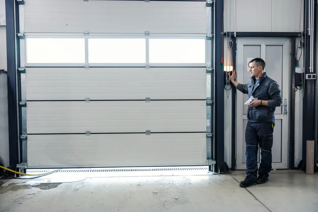An inspector in a grey jacket and dark pants is inspecting a newly installed white sectional garage door, pushing a button on a wall-mounted control panel.