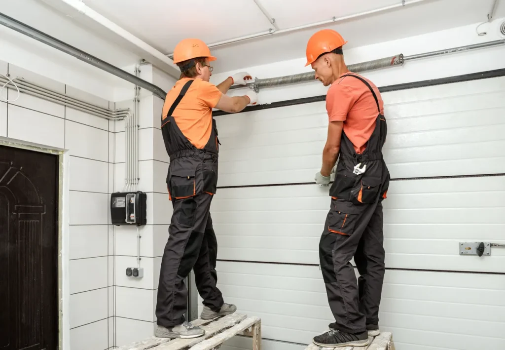 Two workers wearing orange hard hats and dark overalls are standing on a makeshift platform, working together to install a spring mechanism on a new white garage door.