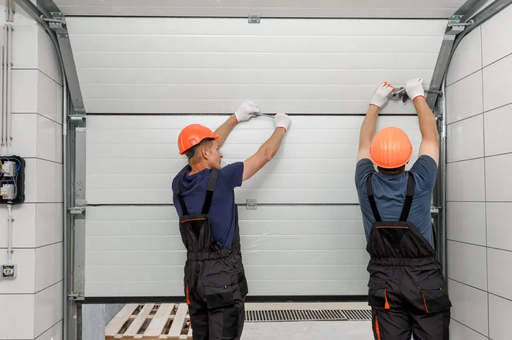 Two workers wearing orange hard hats and dark overalls are standing on a platform, using tools to install a white sectional garage door in a tiled workshop or garage.
