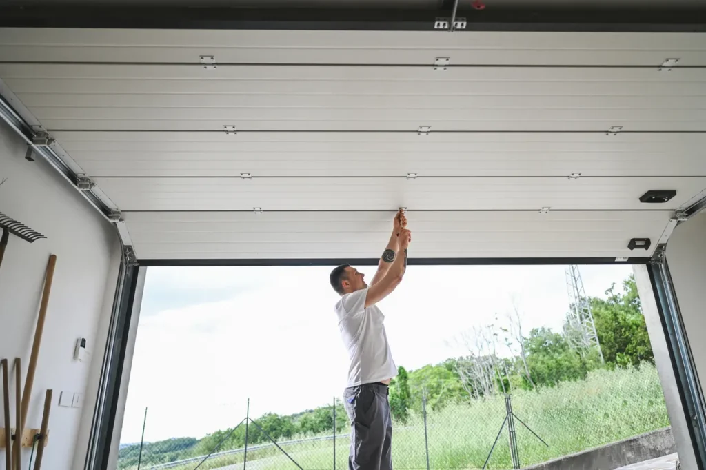 A man in a white t-shirt and grey pants is installing the final section of a garage door, reaching up to adjust a part of the white sectional door while standing inside the garage.