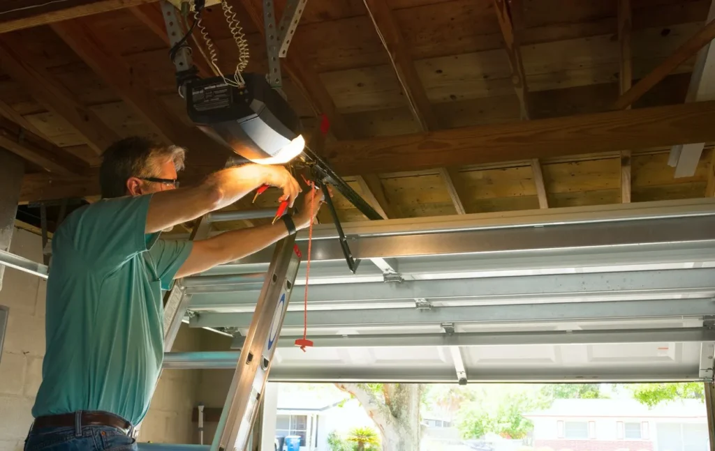 Person on ladder repairing ceiling-mounted garage door opener in unfinished garage. Tools in hand, adjusting mechanical components. Garage door partially open with daylight streaming in. Exposed wooden beams and joists visible above. Residential maintenance task in progress.