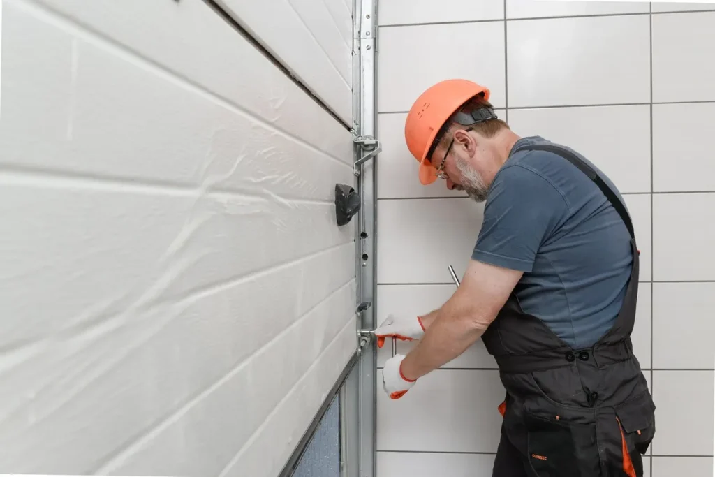 Worker in safety gear adjusting metal bracket on sectional garage door. Tiled wall background suggests garage or industrial setting. Task involves precise mechanical installation or maintenance.