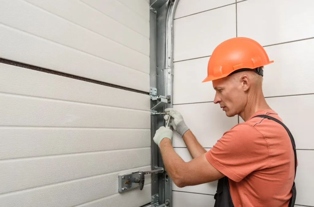 Technician adjusting garage door track hardware during professional repair