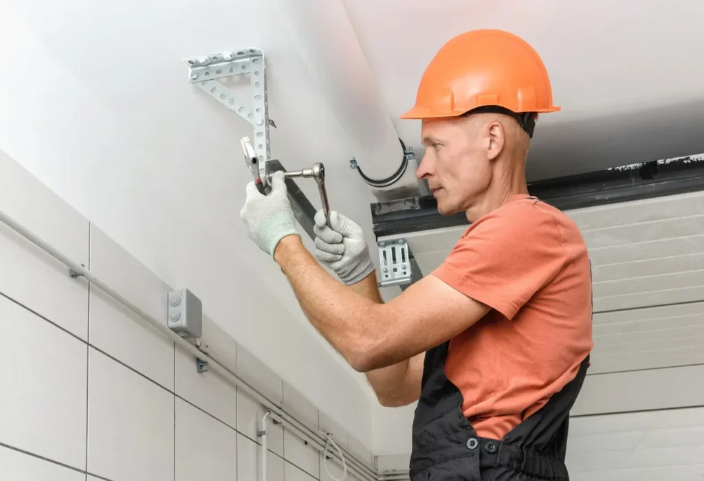 Worker in orange hard hat using ratchet wrench on ceiling-mounted bracket. Indoor setting with tiled walls.