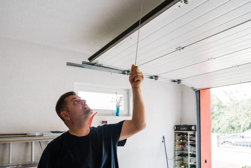 Person manually pulling emergency release cord of partially open garage door. Ladder and shelf in background.
