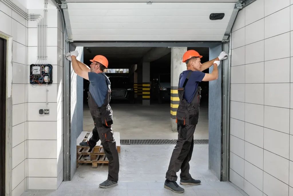 Two workers in orange helmets installing sectional garage door tracks in tiled indoor garage with control panels.
