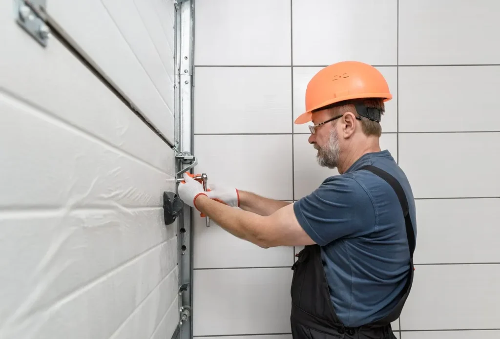 Person in safety gear using wrench on garage door track and hinge assembly in tiled workshop.