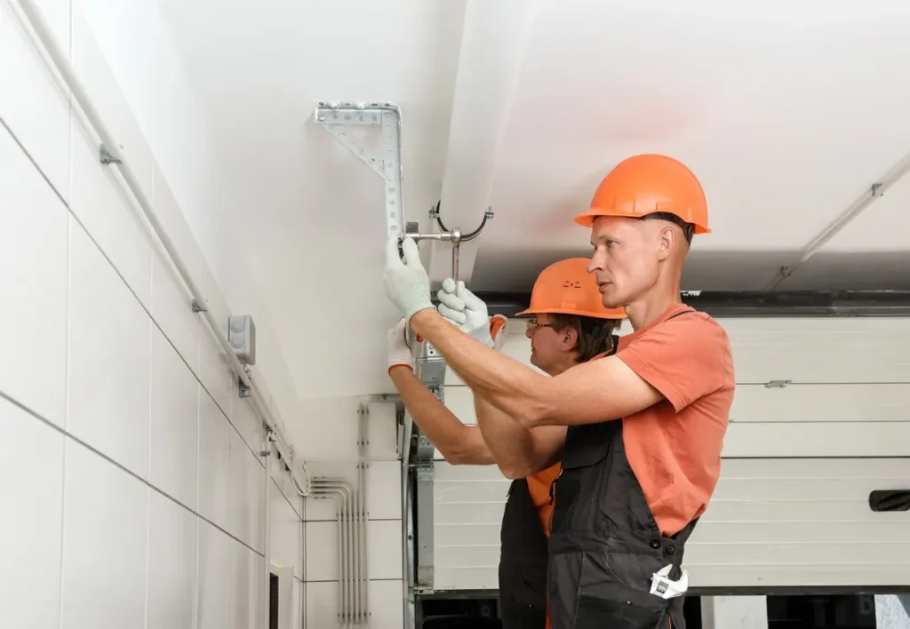 Two workers in orange hard hats securing ceiling bracket in tiled garage with sectional door visible.