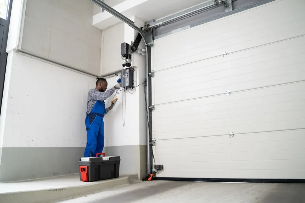 Technician in blue overalls inspecting garage door control box on wall. Toolbox nearby, platform used.