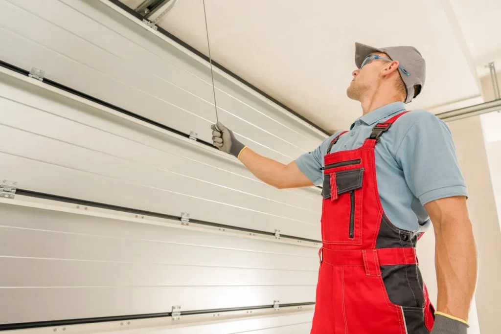 Person in red and black overalls inspecting garage door cable mechanism. Safety glasses and cap worn.